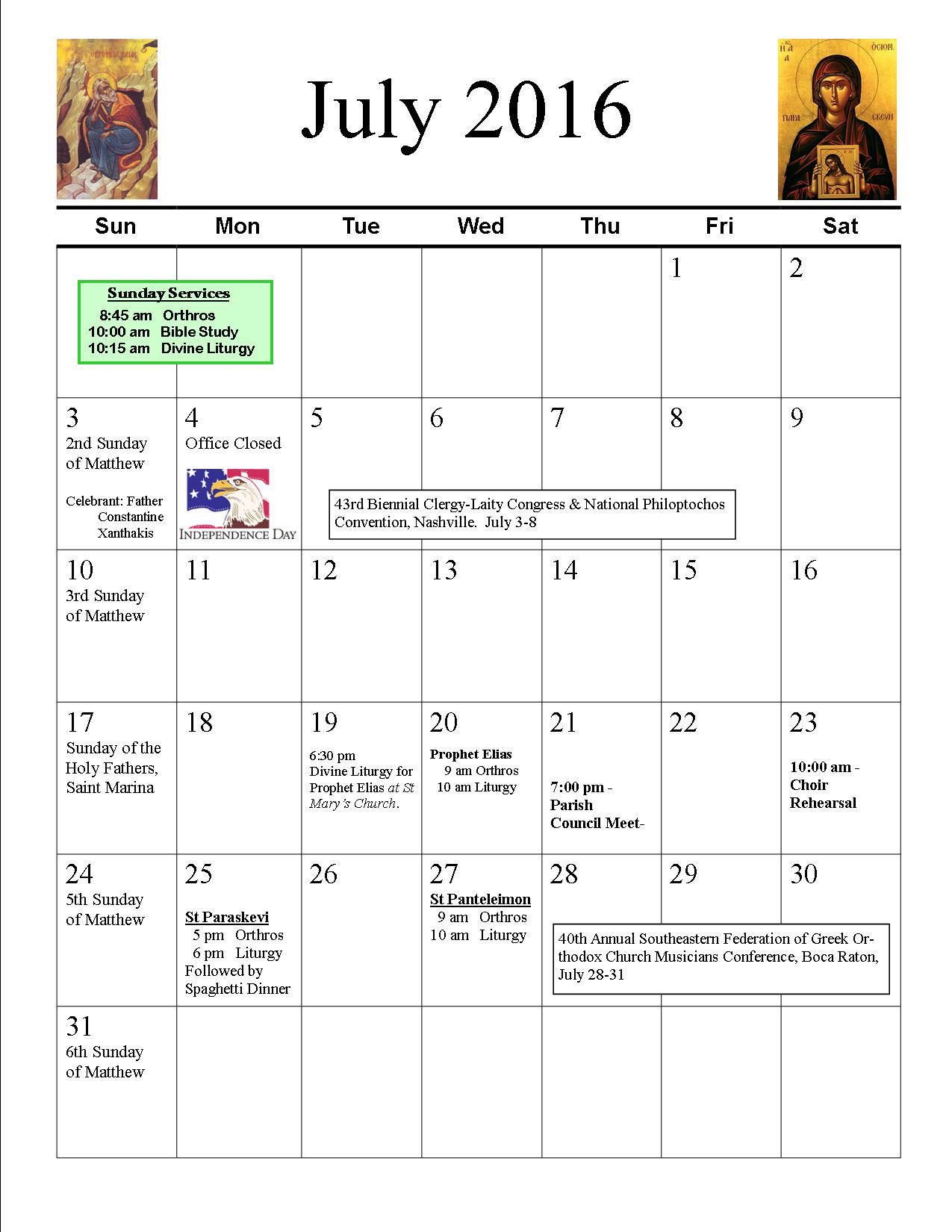 Parish Calendar St. Catherine Greek Orthodox Church